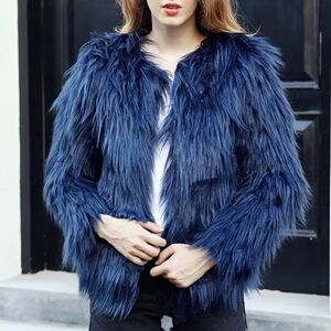 Zara Faux Fur Shaggy Cropped Jacket in Navy